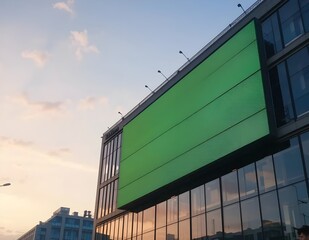 Obraz premium An outdoor LED display on a building facade, screen replaced with green screen, early evening sky.