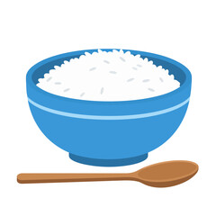 Simple blue bowl of cooked white rice with a brown spoon, flat vector illustration.