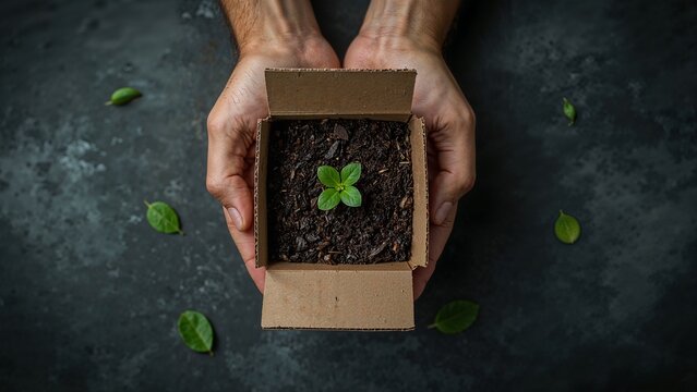 Sustainable Future: Tiny Plant Sprouting in Recycled Packaging

