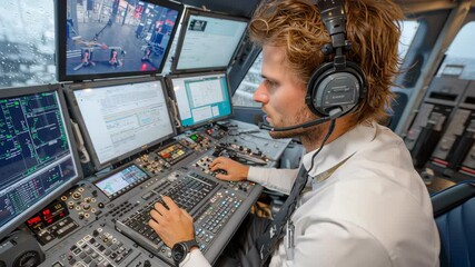 Focused airline pilot utilizes advanced technology in modern cockpit, monitoring multiple screens for effective decision making in aviation control