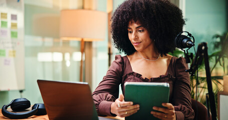 Home, podcast and woman with laptop, tablet and internet with research for talk show. Apartment,...