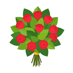 Lush bouquet of nine red roses with green leaves, tied with a yellow ribbon, in a flat vector illustration style.