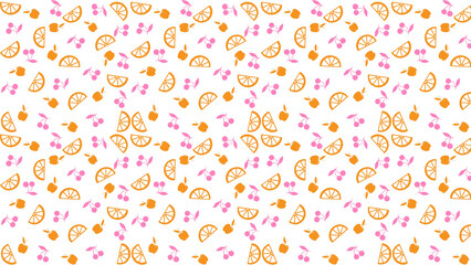 Repetitive pattern of orange slices apples and cherries on a white background in a simple style