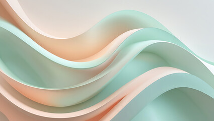 Obraz premium Modern abstract background with 3D flowing wavy shapes. Gentle pastel gradient of mint green and peach orange. Elegant, fluid design for wallpaper, banner, or spring-themed presentation