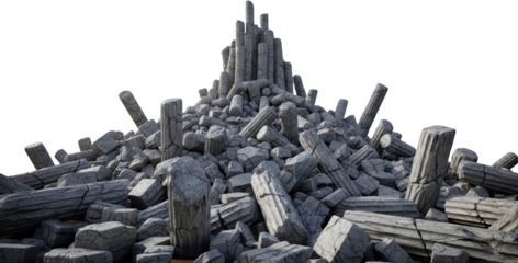 Pile of shattered ancient stone columns and debris isolate ruins rubble