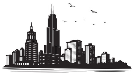 Naklejka premium Black and white cityscape skyline illustration with skyscrapers and birds flying in the sky vector image