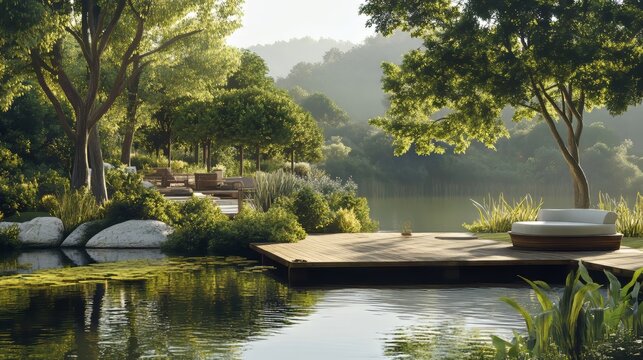 Tranquil lakeside setting with a dock and surrounding greenery