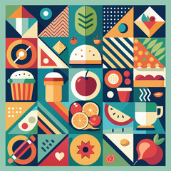 Abstract geometric food in square tiles. Fruits and vegetables. Coffee wine cocktail burger pizza sushi muffin hot dog shrimp noodles racy vector set