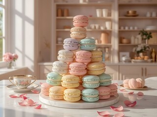 Large pastel macaron tower on a white marble table with a teacup and rose petals in a bright kitchen