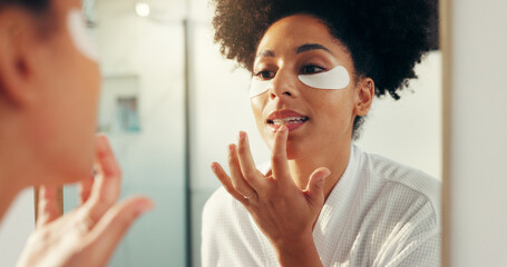 Mirror, skincare and woman with lip balm, grooming or shine with eye patch, beauty and home....