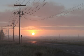 Gentle Sunrise Over Rural Landscape with Power Lines