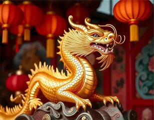 A vibrant street scene during the Year of the Dragon celebration with people of diverse backgrounds. Generative AI.