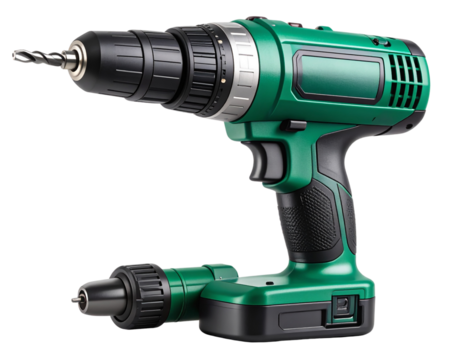 Cordless Green and Black Power Drill with Bit Isolated on Transparent Background