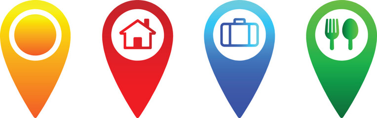  gradient color Map Pin Icon Set – Location Markers for Home, Work, Restaurant in GPS Vector Style