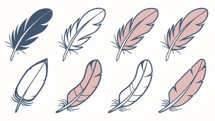 Collection of feather illustrations in various styles and colors for graphic design projects and decoration