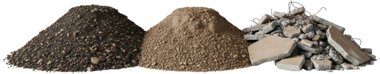 Piles of construction debris gravel and dirt materials with exposed rebar transparent background