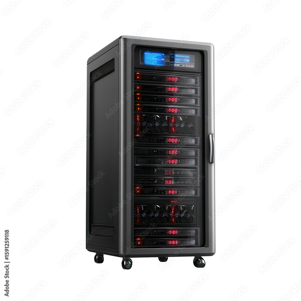 Poster high-performance server rack showcasing multiple operational units with illuminated displays and coo