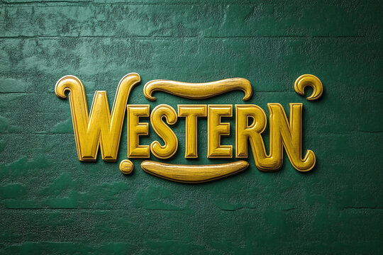Text logo WESTERN in yellow on green background, cursive font, solid color, simple design, brand name text for restaurant and bar with Southern food menu, logo, 3D, 20K resolution