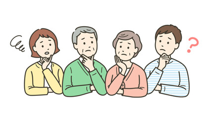 何かを考えて悩んでいる高齢者夫婦と若い夫婦
