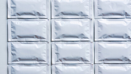 Multiple identical packages are neatly arranged in rows and columns on a white surface. The uniformity and simplicity of the design highlight a modern aesthetic