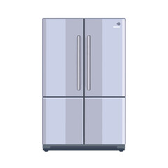 Modern silver four-door French door refrigerator with vertical handles, vector illustration.