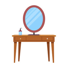 Classic wooden dressing table with an oval mirror and a cosmetic dispenser bottle.