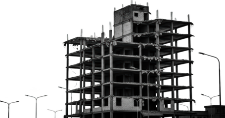 Deconstructed concrete building framework with exposed rebar and surrounding street lamps isolated on black transparent background