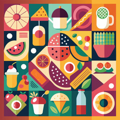 Abstract geometric food in square tiles. Fruits and vegetables. Coffee wine cocktail burger pizza sushi muffin hot dog shrimp noodles racy vector set