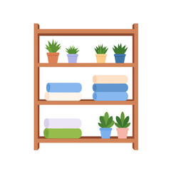 Fototapeta premium Wooden shelving unit with colorful rolled towels and various small potted succulent plants.