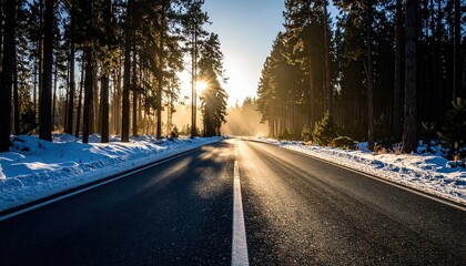 Sunny winter road through a forest