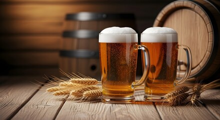 Two mugs of fresh light beer on the background of wooden barrels with wheat. Banner template for advertising a brewery, beer festivals and International Beer Day with space for text
