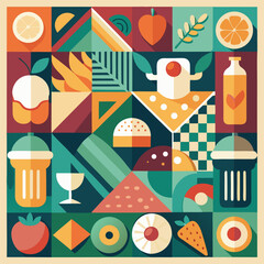 Abstract geometric food in square tiles. Fruits and vegetables. Coffee wine cocktail burger pizza sushi muffin hot dog shrimp noodles racy vector set