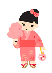 綿あめを食べる浴衣を着た女の子のイラスト