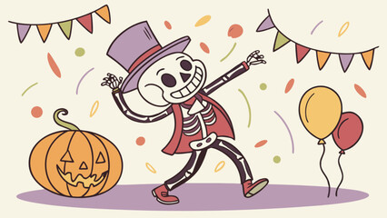 Halloween skeleton party vector illustration with pumpkin balloons and confetti for celebration 10 31