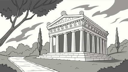 Ancient greek temple parthenon drawing illustration architecture landmark historic building column landscape art