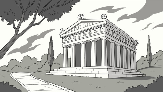 Ancient greek temple parthenon drawing illustration architecture landmark historic building column landscape art