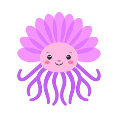 Fototapeta premium Cute cartoon flower jellyfish hybrid with a smiling pink face and translucent purple petals.