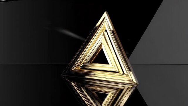 elegant countdown animation of golden geometric triangle spinning in 3D space with glossy reflections and modern lighting creating a premium intro for awards presentations or luxury branding visuals
