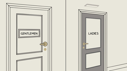 Gentlemen and ladies restroom doors illustration for public facilities and accessibility signage needs