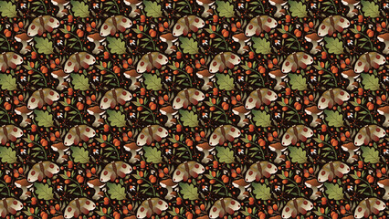 Seamless pattern with moths mushrooms leaves and berries on a dark brown background repeating design
