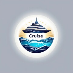 Stylized cruise ship sailing on blue waves with sun rays in circular design logo