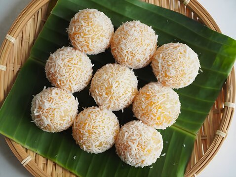 Authentic Klepon. Indonesian Dessert with Sweet Palm Sugar Filling.