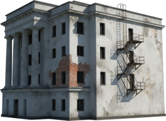 Old weathered building with classical columns and external metal fire escape stairs exposing brickwork transparent background