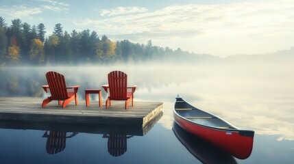 Two Adirondack chairs on a dock with a red canoe tied to the pier
