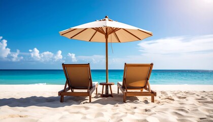 Tropical beach scene with two chaise lounges and an umbrella