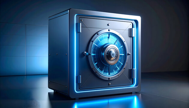 Digital Safe with Blue Neon Lights on Dark Background - Powered by Adobe