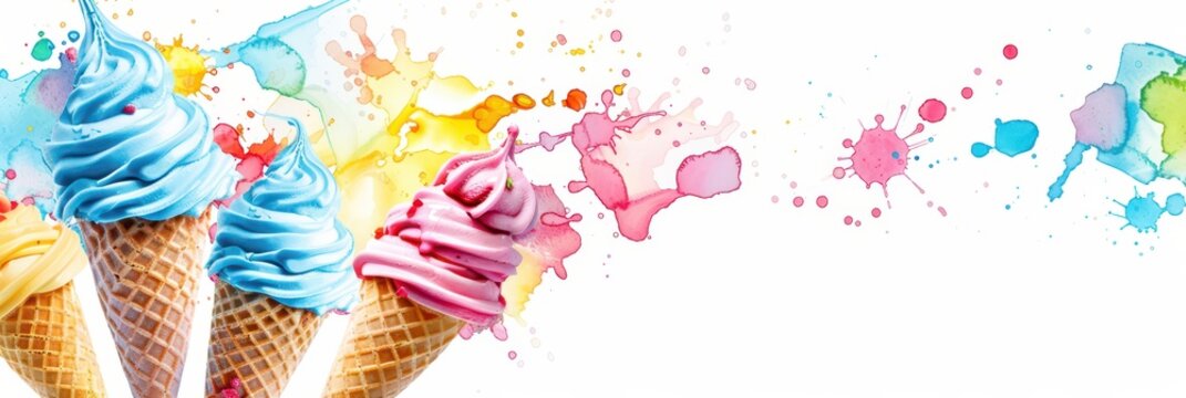 Delicious celebration of world ice cream day with colorful cones and artistic splashes. Watercolor illustaration. Horizontal banner. Copy space. Free space for text - Powered by Adobe