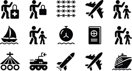 Fototapeta premium A collection of black silhouette icons depicting travel, conflict, and humanitarian aid on light background