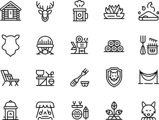 Fototapeta premium Line Art Set with Cabin, Deer, Campfire, Bear, and Wolf on Transparent Background