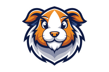 Orange and white furry dog head glares forward with navy blue accents shown